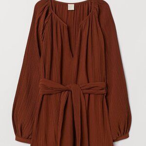 H&M Edition Brown Pleated Blouse with Belt - Size M - Excellent Condition